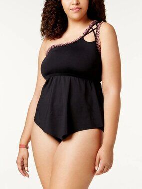 BECCA Mardi Gras One-Shoulder Tankini Swimsuit Black Bathingsuit 1X 16-18 NWT